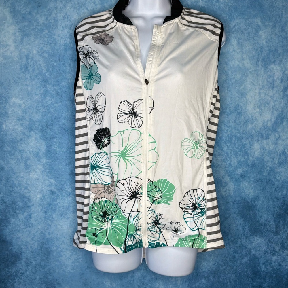 Sleeveless Floral Zip-Front Tank Top in White and Green